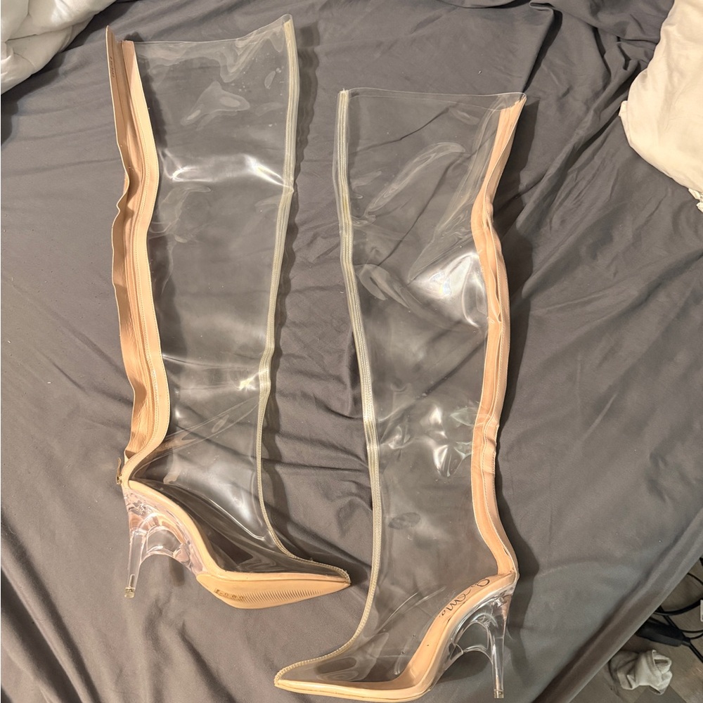 Fashion Nova Clear Knee-High Heels with Tan Trim